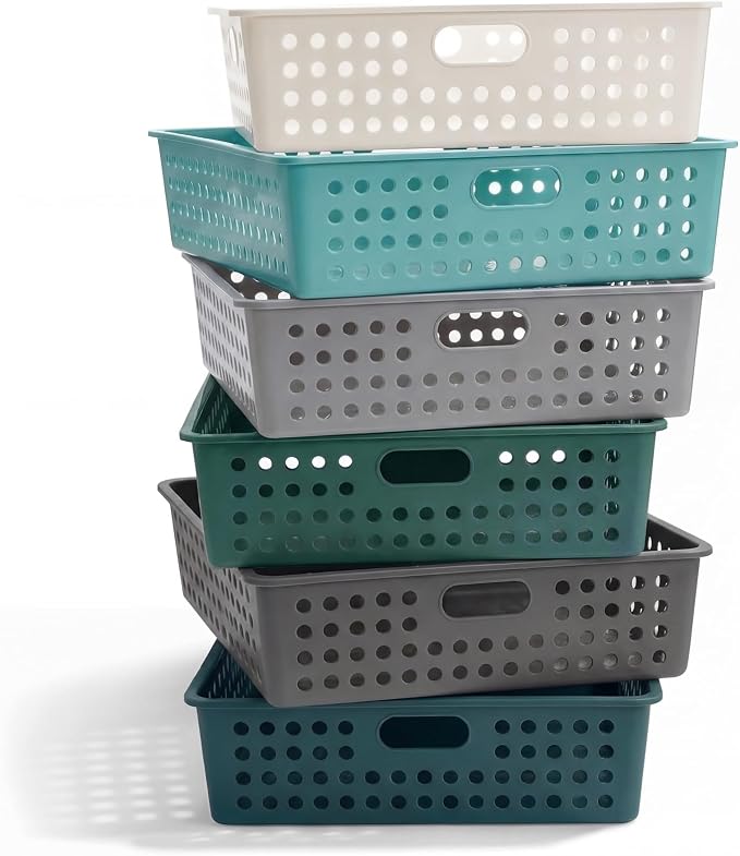 Geetery 6 Pack Classroom Storage Baskets with Handle 14''x10'' Paper Tray Holds A4 Turn in Trays Plastic Paper Baskets Desk Organizer Bin for Classroom, Library, Office, Home (Morandi Color)