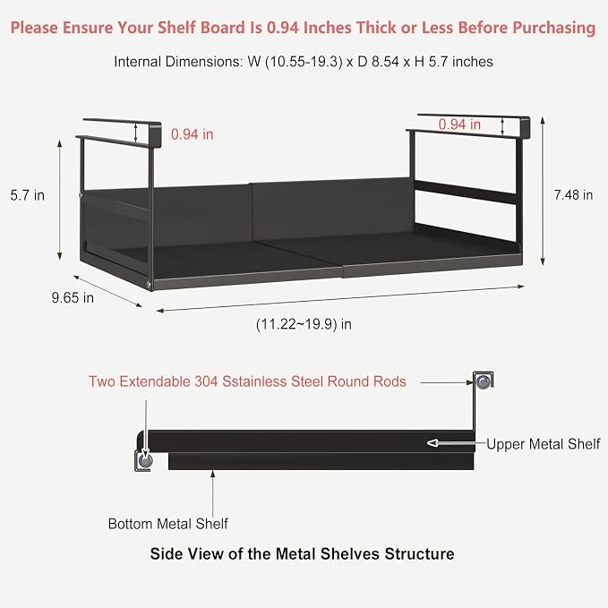 Expandable Under Cabinet Shelf Organizer with 0.94 Inches Thick Clips, Heavy Duty Extendable Under Shelf Storage Basket for Pantry or Laundry Room, Black, 1 Pack, Interior: 5.7" H x 8.54" D