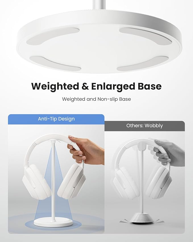 Headphone Stand, Desktop Headset Holder, White | Earphone Stand, Gaming Headphone Hanger, Enlarged Headrest Heavy Base, Office Desk Accessories for All Headphones Size