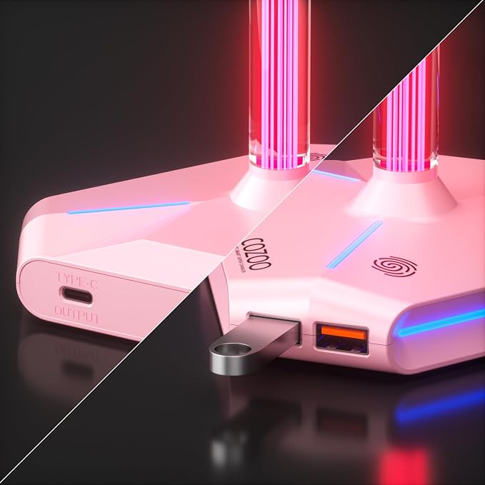 Pink RGB Headphone Stand with 2 USB Ports & Extension Cord, Gaming Headset Stand for Desktop Table, PC Gaming Accessories, Gifts for Girlfriend,Teen Boys Girls,Gaming Setup Organizer
