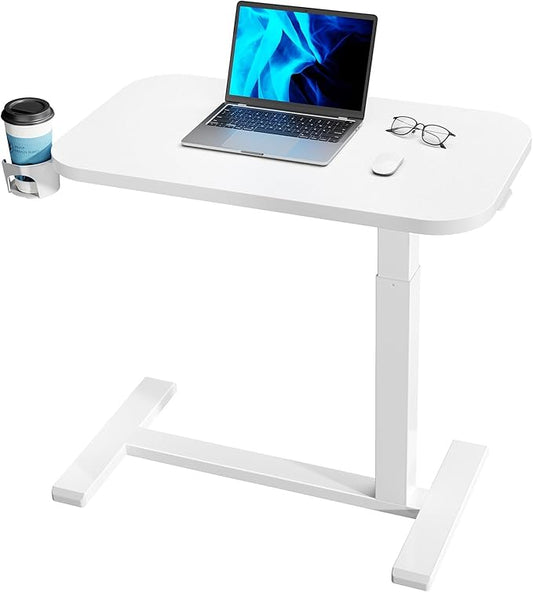 HUANUO 32Inch Bedside Table with Wheels, Height-Adjustable Rolling Computer Cart, Overbed Table with Cup Holder, Pneumatic Laptop Standing Desk for Home Office, White