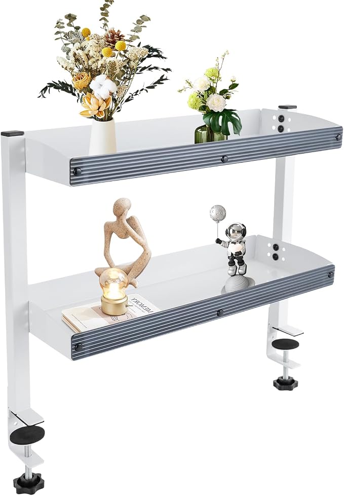 Clamp-on Desk Shelf, 2-Tier Desktop or Under-Desk Shelving Adjustable Desktop Organizer for Office Bedroom (White)