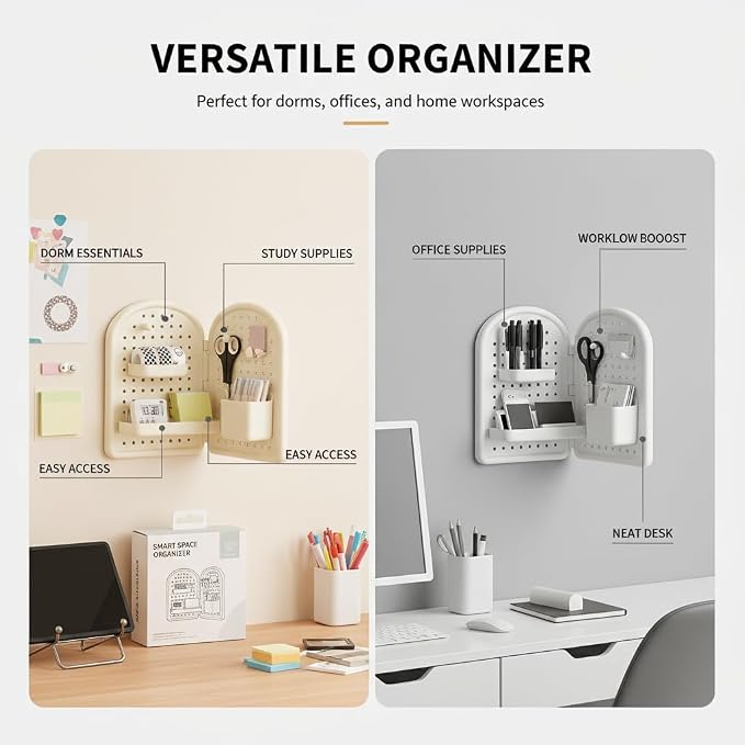 Loizziuy Space-Saving Corner Desk Organizer - Foldable Wall Mount Storage for Home Office Desktop for Stationery & Accessories (Beige)