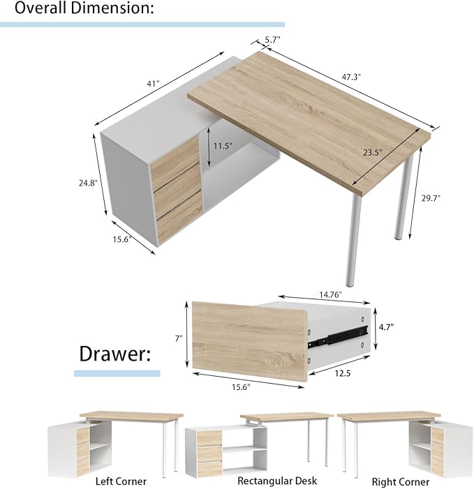 Mekminop L Shape Computer Desk with 3 Drawers and 2 Shelves, Home Office Desk Corner Small Desk with Storage Cabinet for Writing Study Executive – Walnut and White