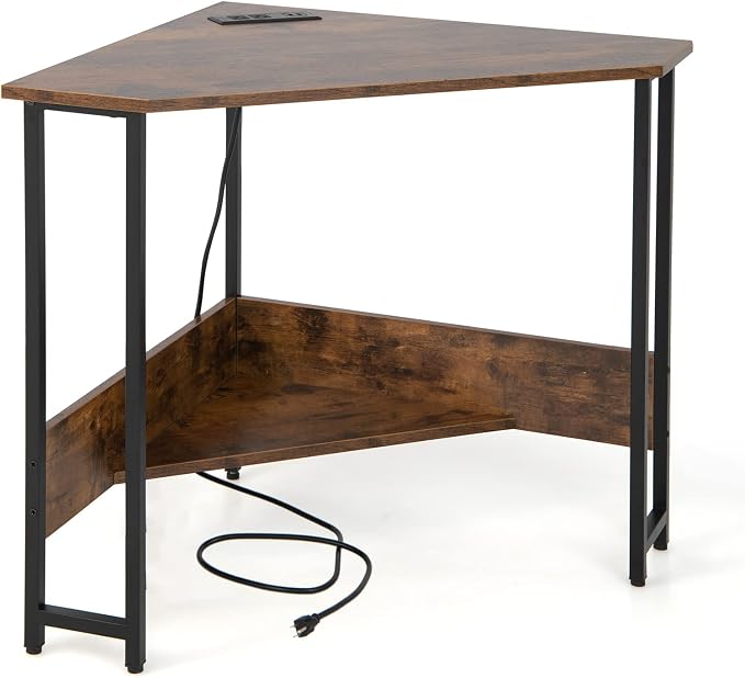 HOMGX Triangle Corner Computer Desk for Small Space, Rustic Brown, Modern Style, Space Saving, USB Ports & Power Outlet, Sturdy & Durable Construction, 28.5" x 30"