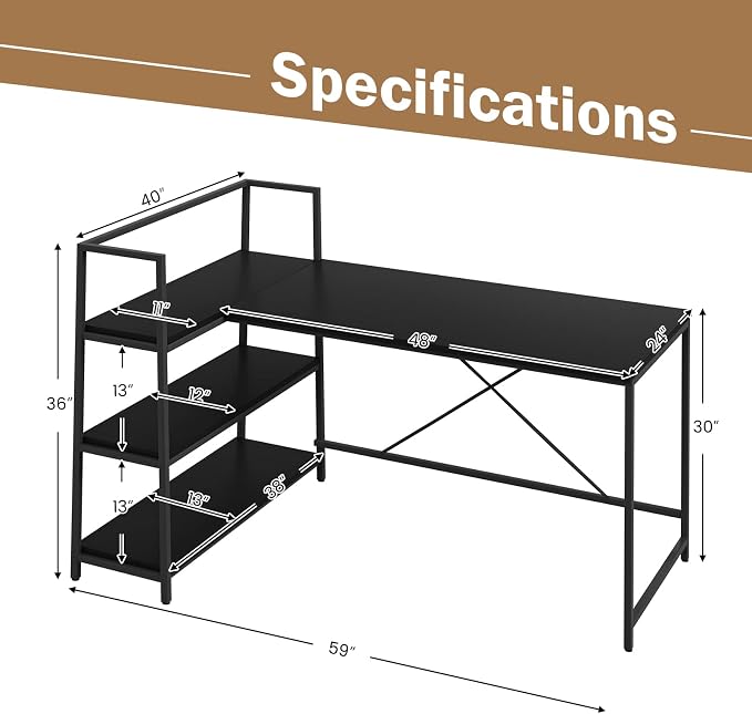 Tangkula Reversible L-Shaped Computer Desk, Space Saving Corner Desk with 3-Tier Storage Shelves & Metal Frame, Modern Executive Home Office Desk, PC Laptop Desk Workstation for Small Space (Black)
