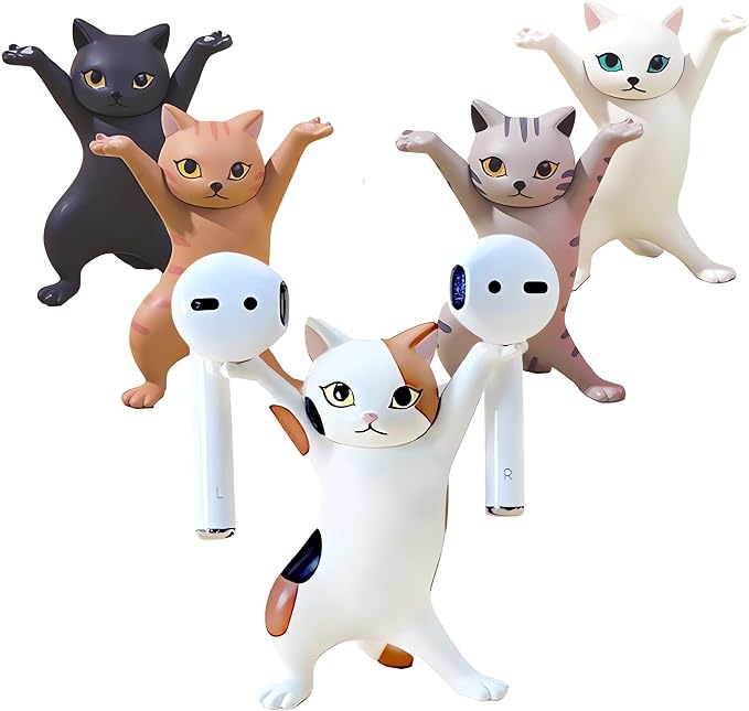 ATHAND 5 Pcs Cat Pen Holder Airpod Holder Stand,Anime Raising Hands Dancing Cat Model Desk Decor Funny Office Desk Decor for Women Girls