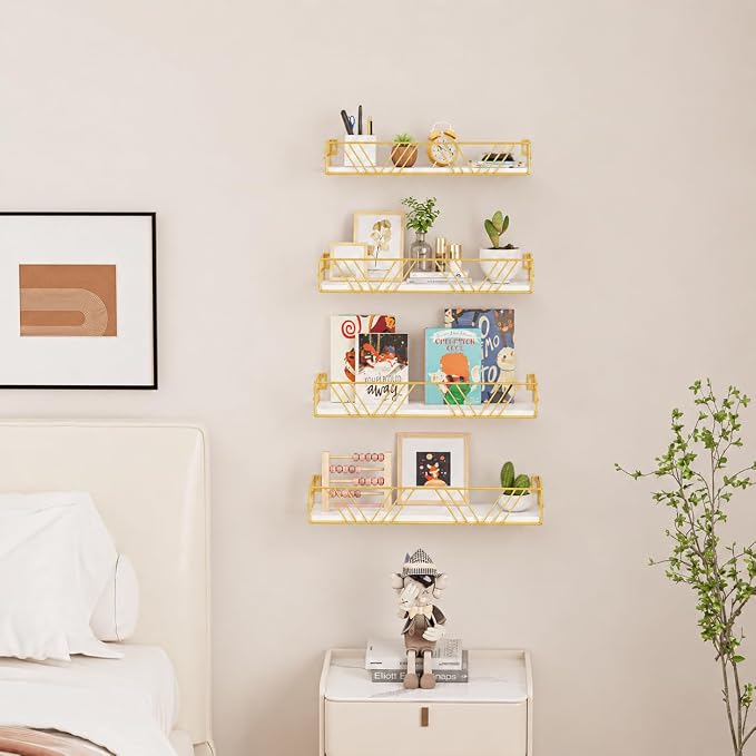 Amaoot Floating Shelves for Wall Set of 4, Different Sizes Mounted Wood Floating Shelf, Wall Shelves for Living Room,Bedroom, Bathroom, Kitchen, Farmhouse Decor, Office (Gold)