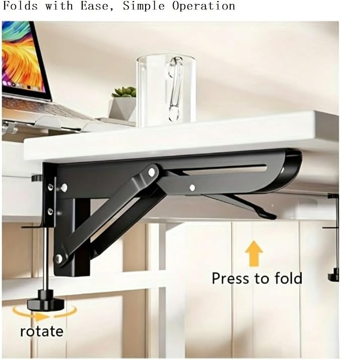 Folding Shelf Brackets,Desk Extender Clamp Bracket,7.5 Inch Black Heavy Duty Metal Collapsible,NO Board/Tray,1 Set