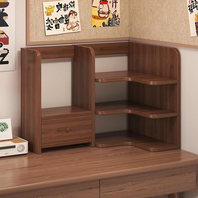 Desktop Shelf Organizer Corner Bookshelf, Computer Desktop Bookshelf Storage Rack for Desk Top, Wooden Desk Storage Hutch with Drawer, 3 Tier Desktop Organizer Shelf(Brown,60+50CM/23.6+19.7IN)