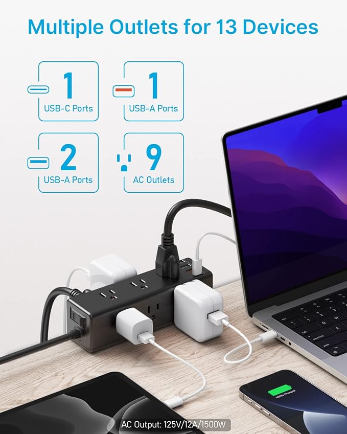 CCCEI Desk Clamp Power Strip with 9 Outlets, Desktop Edge Mount Surge Protector with USB-A and USB-C Ports, Widely Spaced Desk Outlet Fast Charging Station, 4 FT Flat Plug, Fit 1.6 inch Table.