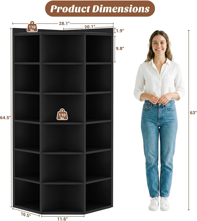 Aheaplus 7-Tier Wooden Corner Cube Bookshelf, Corner Storage Cabinet with 18 Cubes, Corner Cube Organizer Display Shelf with Top Table, Modern L Shaped Cubby Bookcase for Home Office, Black