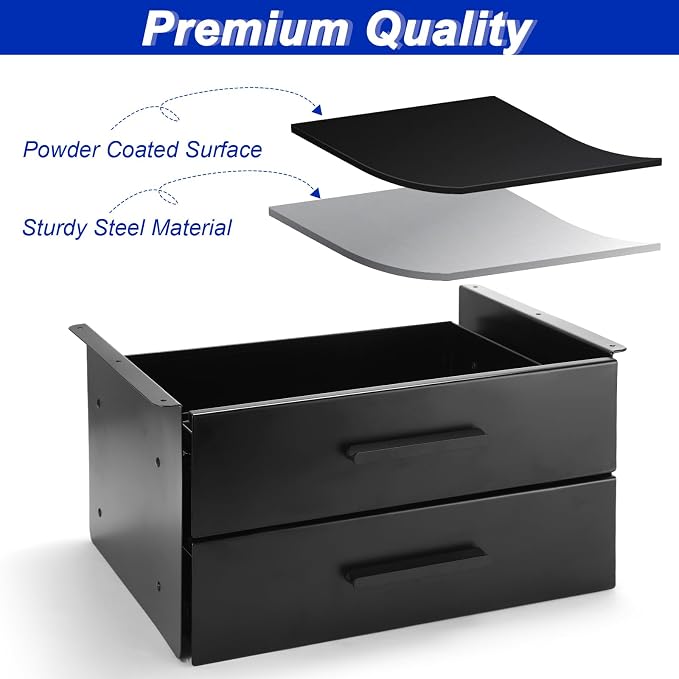Menkxi 16'' Under Desk Drawer Slide-out Steel Under Counter Drawers Storage Organizer Large Hidden Pull-out Tray for Table Desks Home Office Workstation(Black,2 Layer)