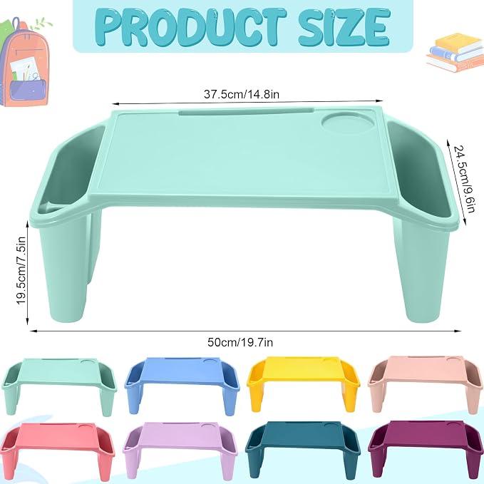 Beeveer 8 Pcs Kids Lap Desk Tray Bulk 19.7x9.6x7.1in Portable Lap Tray for Kids Plastic Table with Side Storage Space for Bed Classroom Laptop Children Car Activity Eating Floor (Cute Colors)