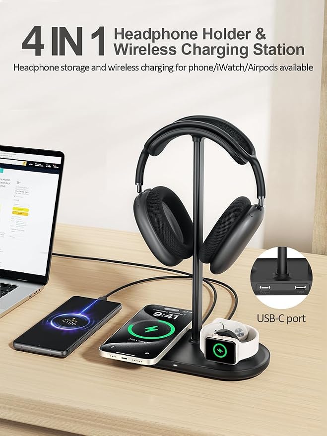 TopMade 4 in 1 Headphone Stand for Desk with Wireless Charger & USB Charging for iPhone/AirPods/iWatch, Universal Desktop Gaming Headset Holder for Airpods Max, Bose, Beats, Razer and More, Black