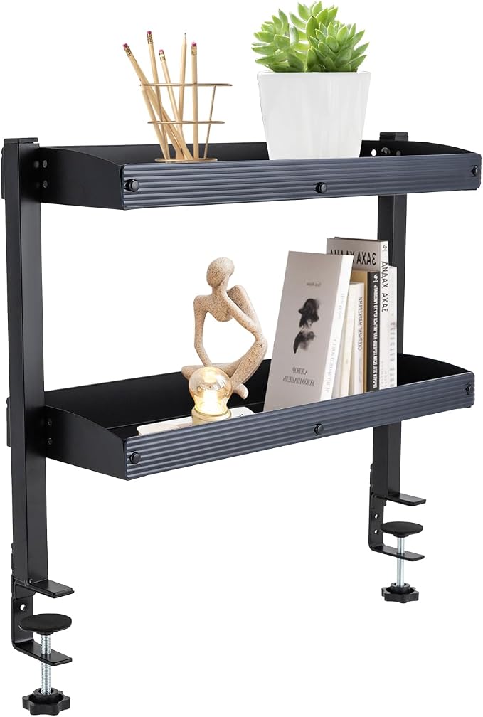 16 inch Clamp on Desk Shelf, 2 Tier Shelving Unit Above or Below Desk, Desk Extension Organizer, Modern Desktop Display Shelf for Desktop Accessories, Office Organization