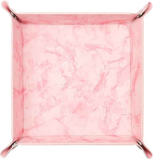 Valet Tray Desktop Storage Organizer – Vegan Leather Catchall Bedside Vanity Tray Nightstand Caddy Holder for Remote Controller, Watch, Keys, Phone, Wallet, Coin, Jewelry, Marble Pink