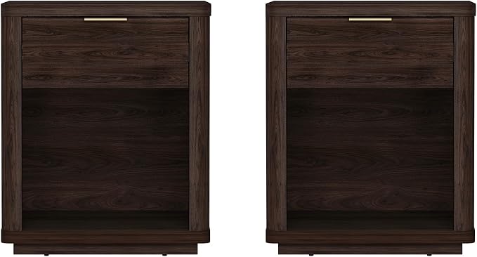 Manhattan Comfort Evelyn Nightstands Set of 2 with Full Extension Drawer and Open Shelf – Modern Bedroom Night Stand or Living Room Side Tables with Storage – Easy Assembly, Brown