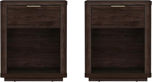 Manhattan Comfort Evelyn Nightstands Set of 2 with Full Extension Drawer and Open Shelf – Modern Bedroom Night Stand or Living Room Side Tables with Storage – Easy Assembly, Brown