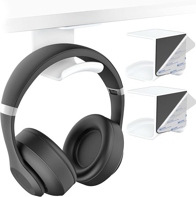 HomeMount Headphone Hook - Adhesive Gaming Headphone Stand Hanger, For Most Headphones - White (2-Pack)