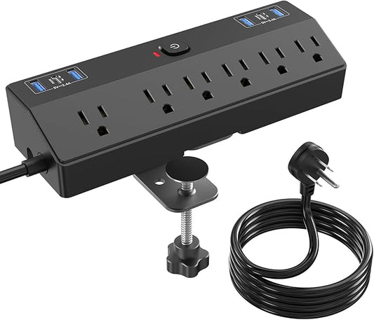 Desk Clamp Power Strip 6FT with 40W USB C Ports, JXGUCAT Flat Plug Desk Mount Power Strip Surge Protector, Removable Extension Cord with 2 USB-C Ports 6 Outlets, Fits 1.8" Tabletop Edge, Black