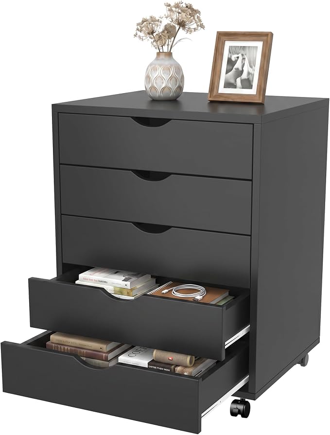 5 Drawer Mobile File Cabinet Under Desk Storage Organization with Wheels Vertical Filing Chest Rolling Wood Small Desk Printer Stand for Home Office, Black