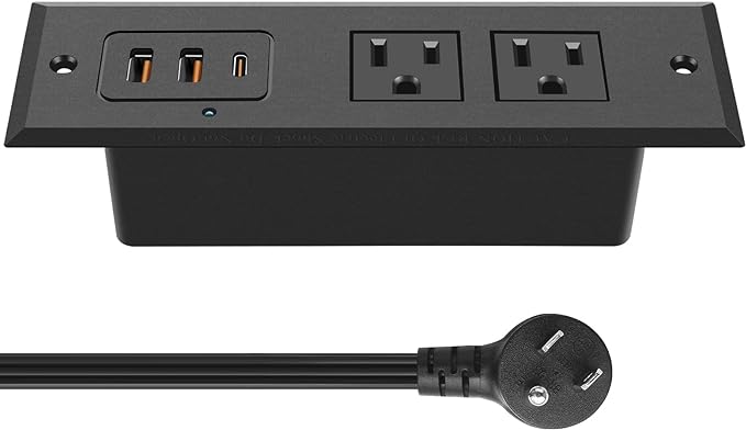 CCCEI Recessed Power Strip with 45 W USB C Port, Fast Charging USB A Port Desk Outlet, Furniture Hidden Charging Station for Side Table, End Table, with 4FT 45 Degree Flat Plug Extension Cord.