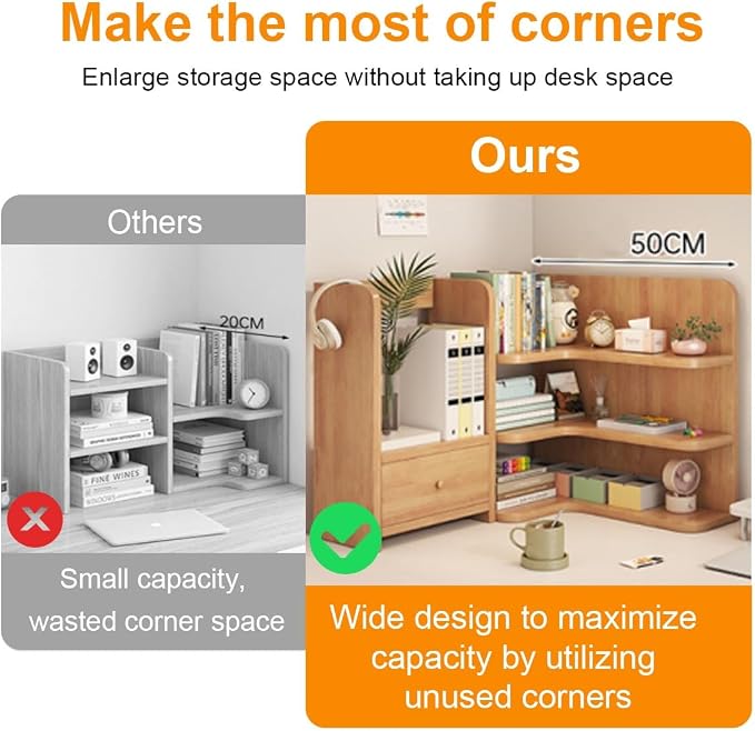 Desktop Shelf Organizer Corner Bookshelf, Computer Desktop Bookshelf Storage Rack for Desk Top, Wooden Desk Storage Hutch with Drawer, 3 Tier Desktop Organizer Shelf(Brown,60+50CM/23.6+19.7IN)