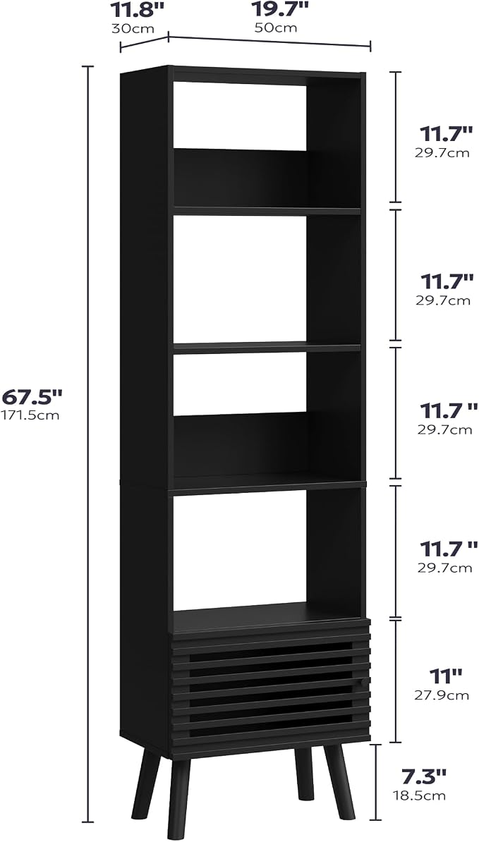 Furnify Open Shelf Cube Bookcase, 68" Tall Freestanding Bookshelf, Slatted Door Narrow Corner Bookcase with 5 Cubes, Mid-Century Modern Display Storage Cabinet for Living Room, Home Office, Black