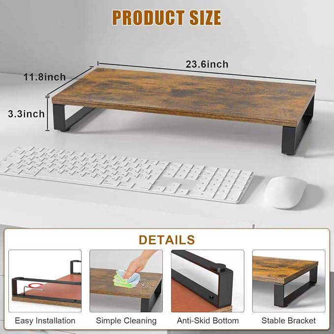 XINYAO Wood Monitor Stand Riser for Desk, 24x12x3 inch, Rustic Brown | Sturdy wooden & steel computer monitor riser; ergonomic height reduces neck strain; Organizer for Office Laptop, PC, Printer
