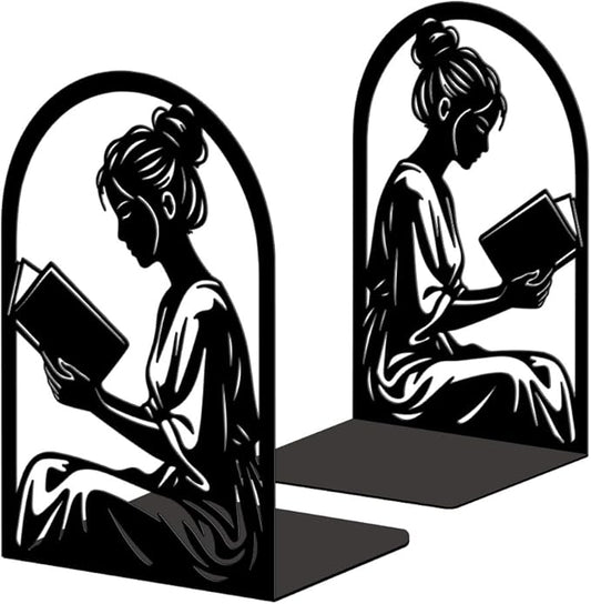 Peacoblue Metal Bookends for Shelves, Modern Decorative Heavy Duty Study Book Ends Stoppers for Office, Desk, Shelf, Room 5.3"x4.3"x7.9" Cast Iron Simple Tall Bookends 1 Pair (Reading Girl)