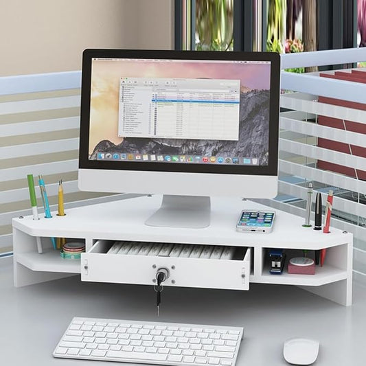 Save Space Desktop Corner Shelf with Locking Drawer, Wooden Corner Monitor Stand, Screen Stand Office Workspace Organizer,White