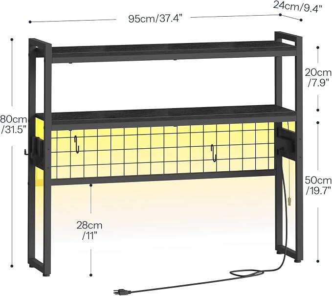 HOOBRO Desktop Bookcase, 37.4" Large Desk Shelf, 2-Tier Desktop Organizer, Wooden Office Storage Rack with Outlets, Display Shelf Rack with Light Strip, Desk Hutch for Office, Black BB13UDSJ01