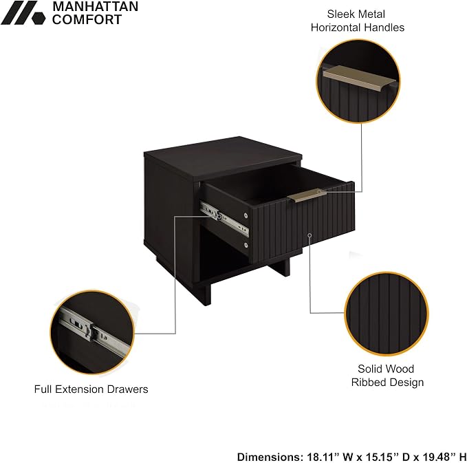 Manhattan Comfort Granville 1-Drawer Nightstand Set of 2, Modern Glam Bedside Table with Ribbed Design and Gold Handles, Ideal for Living Room and Bedroom Use, Black