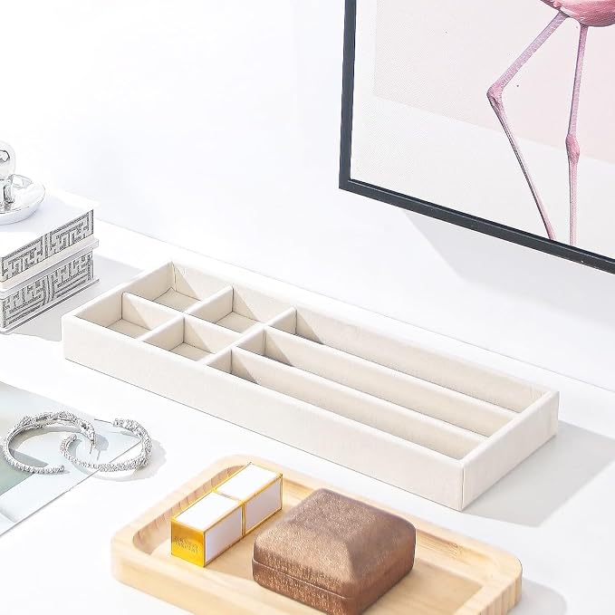 2Pcs Desk Drawer Storage Tray, Nightstand Organizer Tray, Necklace Bracelet Ring Earring Jewelry Display Tray, Grid Table Organizer Holder Tray for Sunglass, Phone, Watch, Perfume (7 grid)/Beige