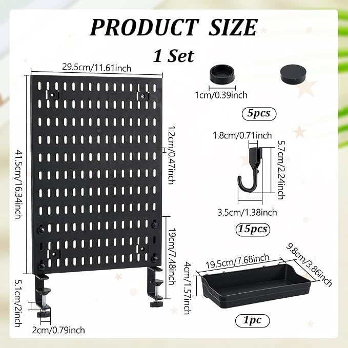 PH PandaHall Clamp-on Desk Pegboard Black Plastic Peg Board Organizer, 16.3x11.6 inch No Drill Desk Side Storage Organizer for Office Gaming Home Desktop Standing Accessories