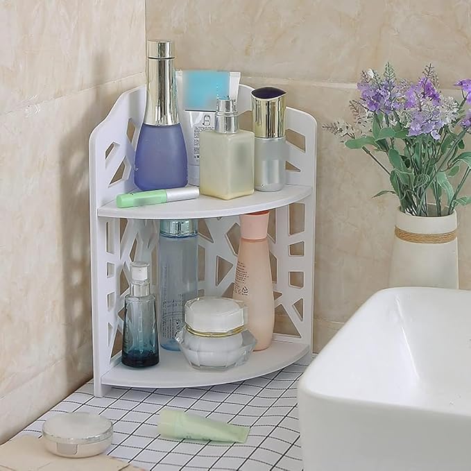 HornTide 2-Tier Corner Shelf, Brief Fashion Organizer Storage Rack, for Cosmetic Doll Potted-Plant Vitamins Supplements Caddy, DIY Desk/Table Decoration, Wood-Plastic Composites, White