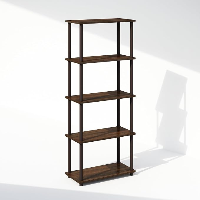 Furinno Turn-N-Tube Book Shelf, 5-Tier Bookshelf, Bookcase with Multipurpose Compact Display Rack, 11.6 x 23.6 x 57.4, for Living Room, Bedroom, Home Office, Walnut/Brown