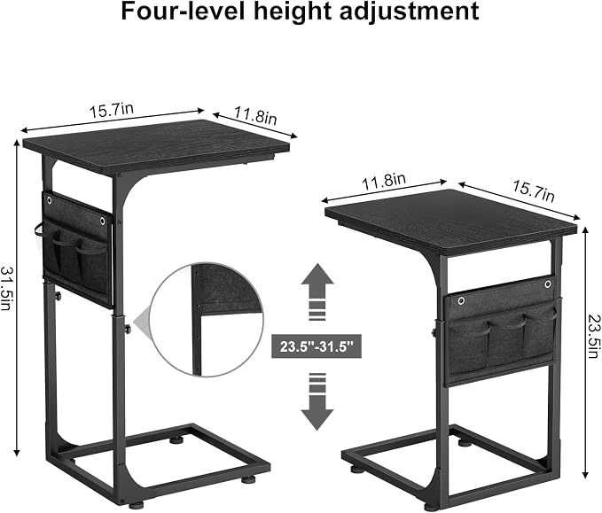 Fixwal C Shaped End Table Adjustable Height Side Table for Couch, TV Tray with Storage Bag Slide Under Sofa Small Tables for Living Room, Bedroom & Office, Black