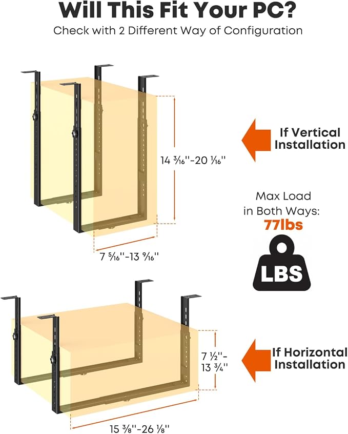 PUTORSEN Under Desk PC Mount for Full/Mid-Tower Cases - Vertical/Horizontal CPU Holder up to 77 lbs, Space-Saving Computer Rack for ATX/Micro-ATX (Black)