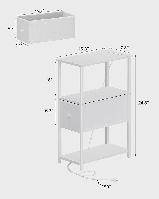 TUTOTAK Small Narrow LED End Table with Charging Station, Side Table Outlets, Nightstand with Cloth Drawer, Set of 2, Couch Table, for Living Room, Bedroom, Bedside, White TB01BW059