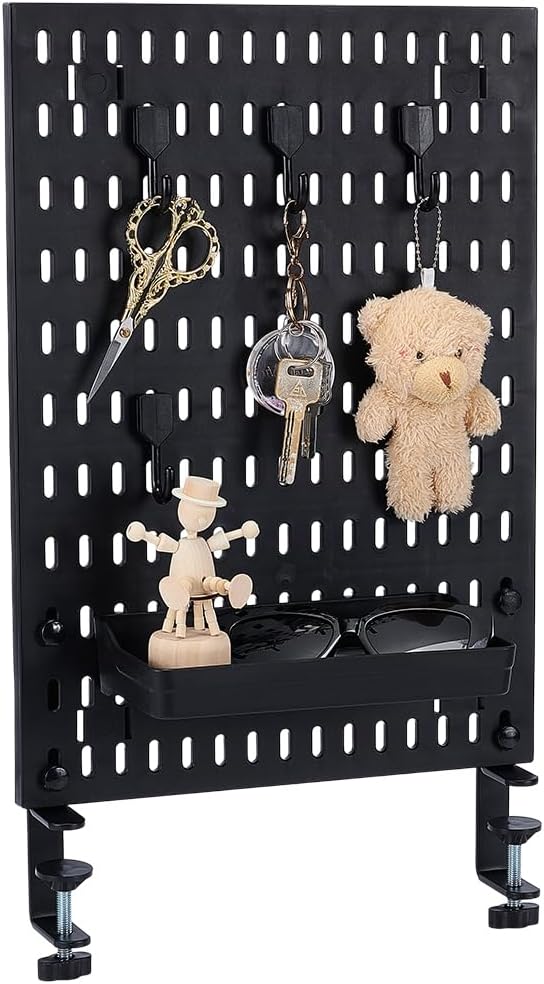 PH PandaHall Clamp-on Desk Pegboard Black Plastic Peg Board Organizer, 16.3x11.6 inch No Drill Desk Side Storage Organizer for Office Gaming Home Desktop Standing Accessories