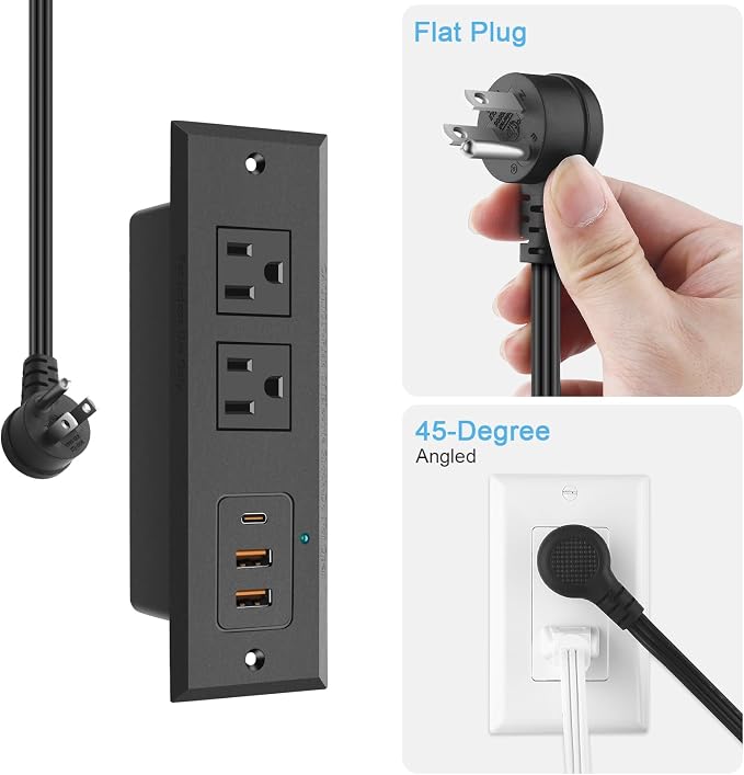 CCCEI Recessed Power Strip with 45 W USB C Port, Fast Charging USB A Port Desk Outlet, Furniture Hidden Charging Station for Side Table, End Table, with 4FT 45 Degree Flat Plug Extension Cord.
