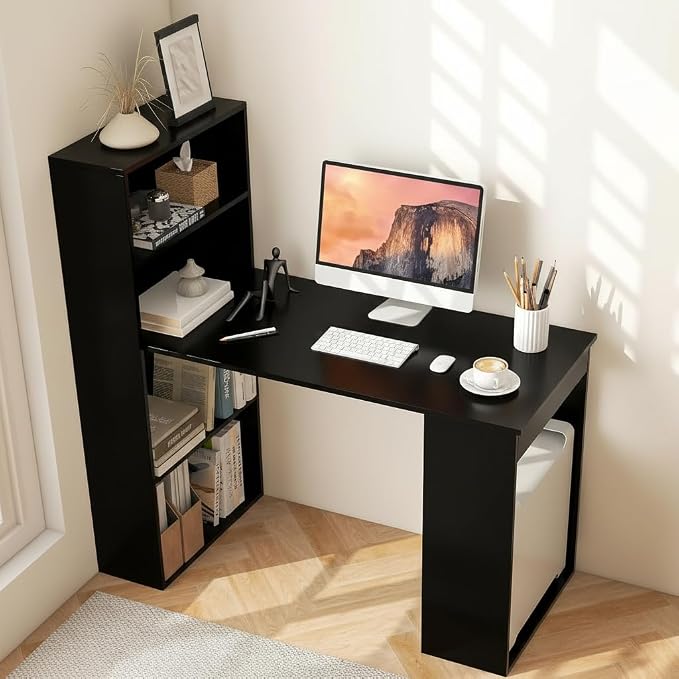 Tangkula Computer Desk with Bookshelf, Writing Study Desk with Storage Shelves & CPU Stand, Modern Compact Computer Workstation for Home & Office, Space-Saving Design (Black)