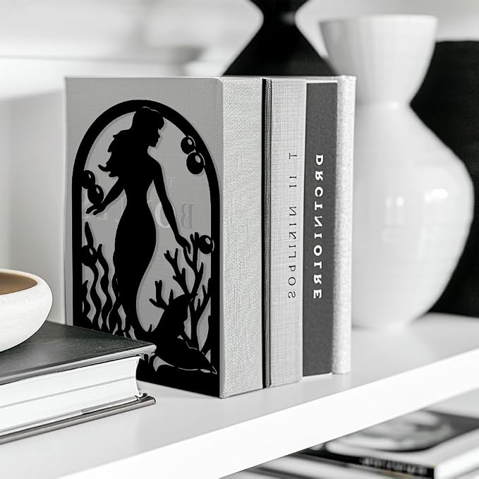 Peacoblue Metal Bookends for Shelves, Modern Decorative Heavy Duty Study Book Support Stoppers for Office, Desk, Shelf, Room 5.3"x4.3"x7.9" Cast Iron Simple Tall Bookends, 1 Pair (Mermaid)