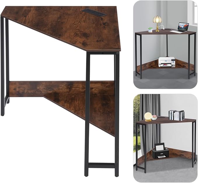 Corner Desk with Outlets and USB Ports, 26.77x26.77x29.53in Triangle Desk with Storage for Home Office, Workstation, Living Room, Bedroom, Small Space (Brown)