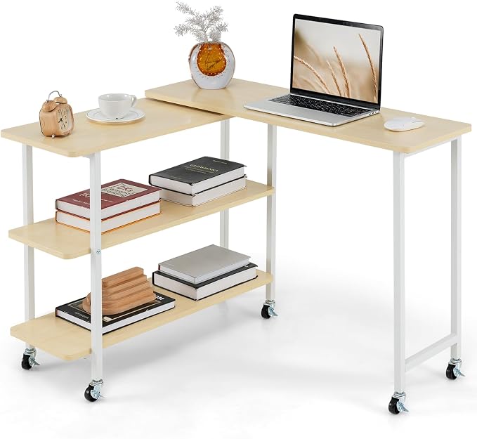 Tangkula 360° Rotating Sofa Side Table, Patented Mobile End Table with 2-Tier Storage Shelves, Swivel Rolling Desk with 6 Lockable Wheels, Metal Frame, Movable Laptop Table Couch Snack Table for Home