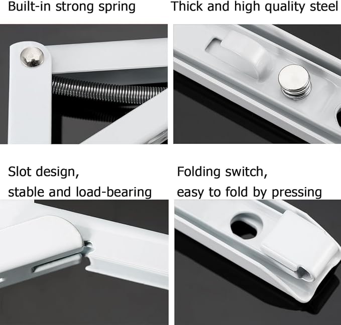 90 Degrees Wall Mounted Desk Hinges, 12" Folding, 2Pcs White | Wall mounted desk hinges for fold-down desks, laundry tables Space-saving 90° self-locking design.Ideal for DIY projects