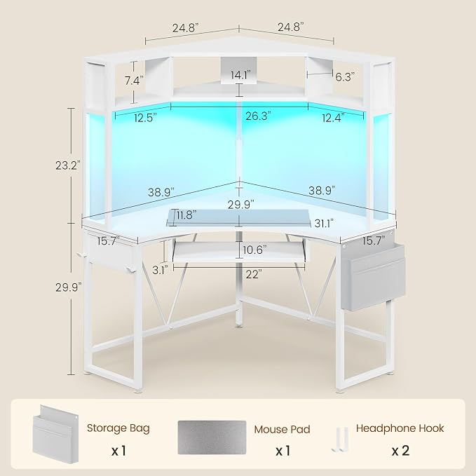SEDETA Corner Desk, 39" W x 62" H Small Office Desk with Hutch & LED Lights, Triangle Gaming Computer Desk with Keyboard Tray, Storage Bag, and Headphone Hook for Small Space, White