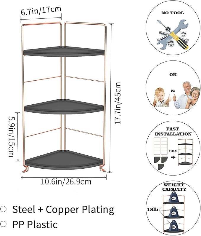 3-Tier Bathroom Countertop Organizer, Vanity Tray Cosmetic & Makeup Storage, Kitchen Spice Rack Standing Shelf, Corner Storage Shelf, Black & Rose Gold
